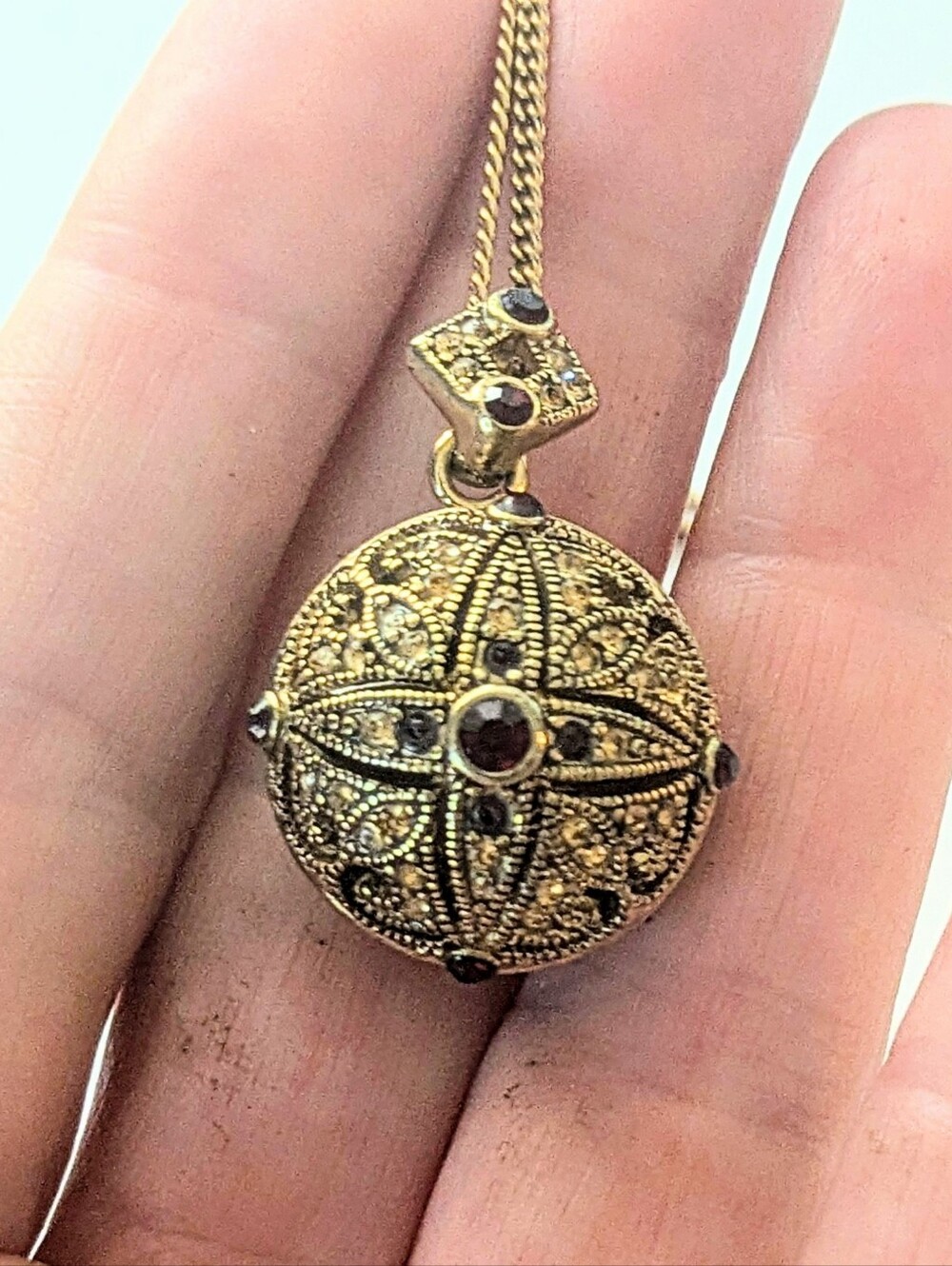 Vintage Ornate Gold Tone Red Crystal Sphere Ball Locket & Gold Filled Necklace